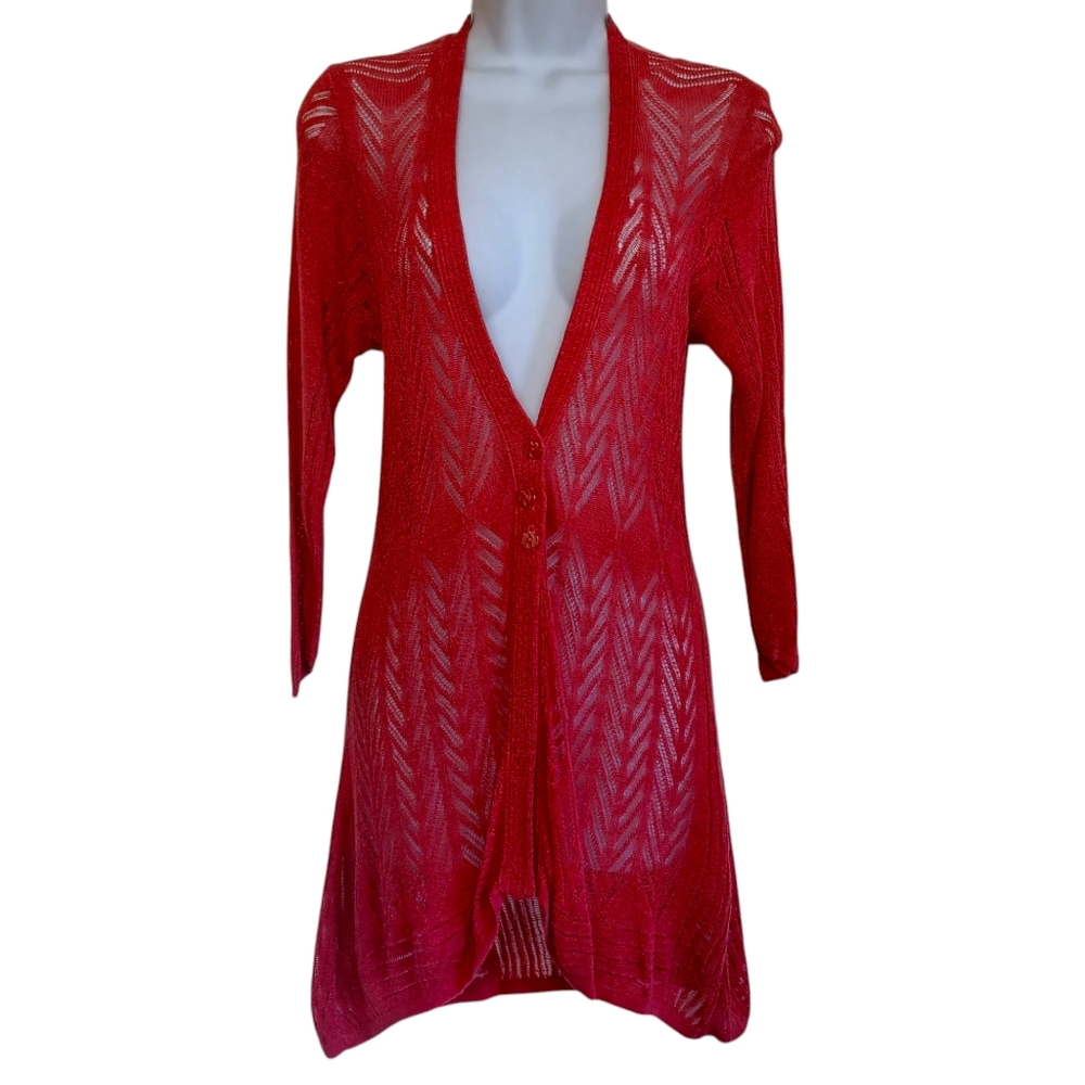 ANTHRO GUINEVERE Red Chevron Print Knit Long Sleeve V Neck Button Front Cardigan